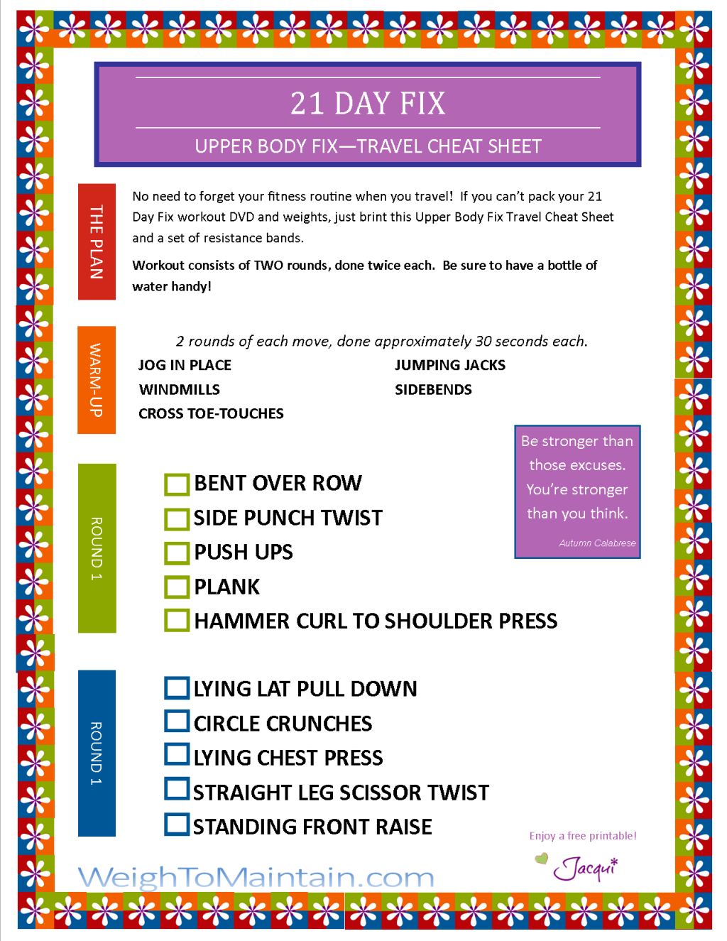 Picture of: Day Fix Upper Body Fix Workout PDF – Travel Cheat Sheet — PLAN