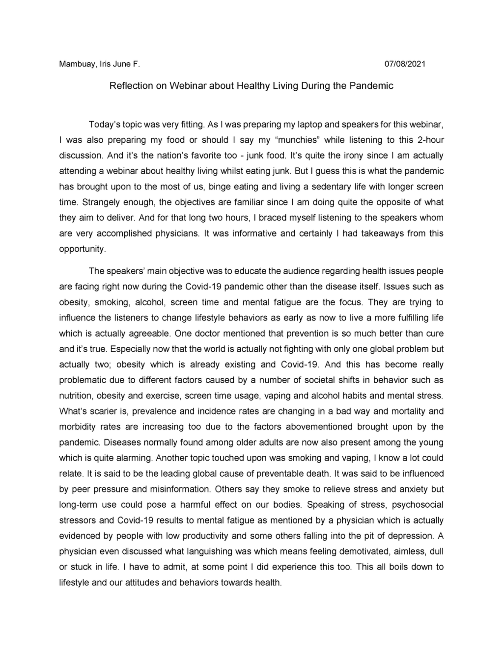 Picture of: Reflection on Webinar about Healthy Living During the Pandemic